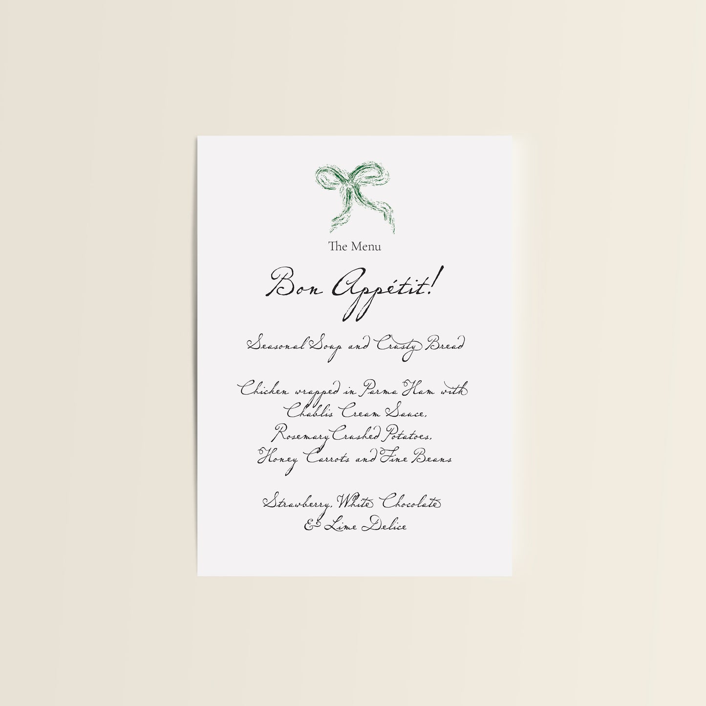 Green Bow Wedding Menu