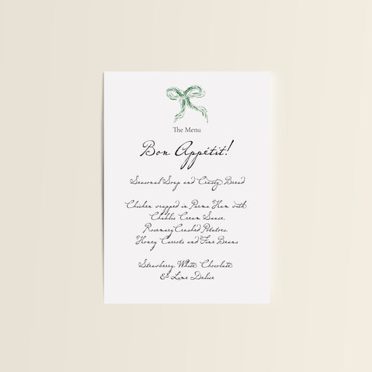 Green Bow Wedding Menu