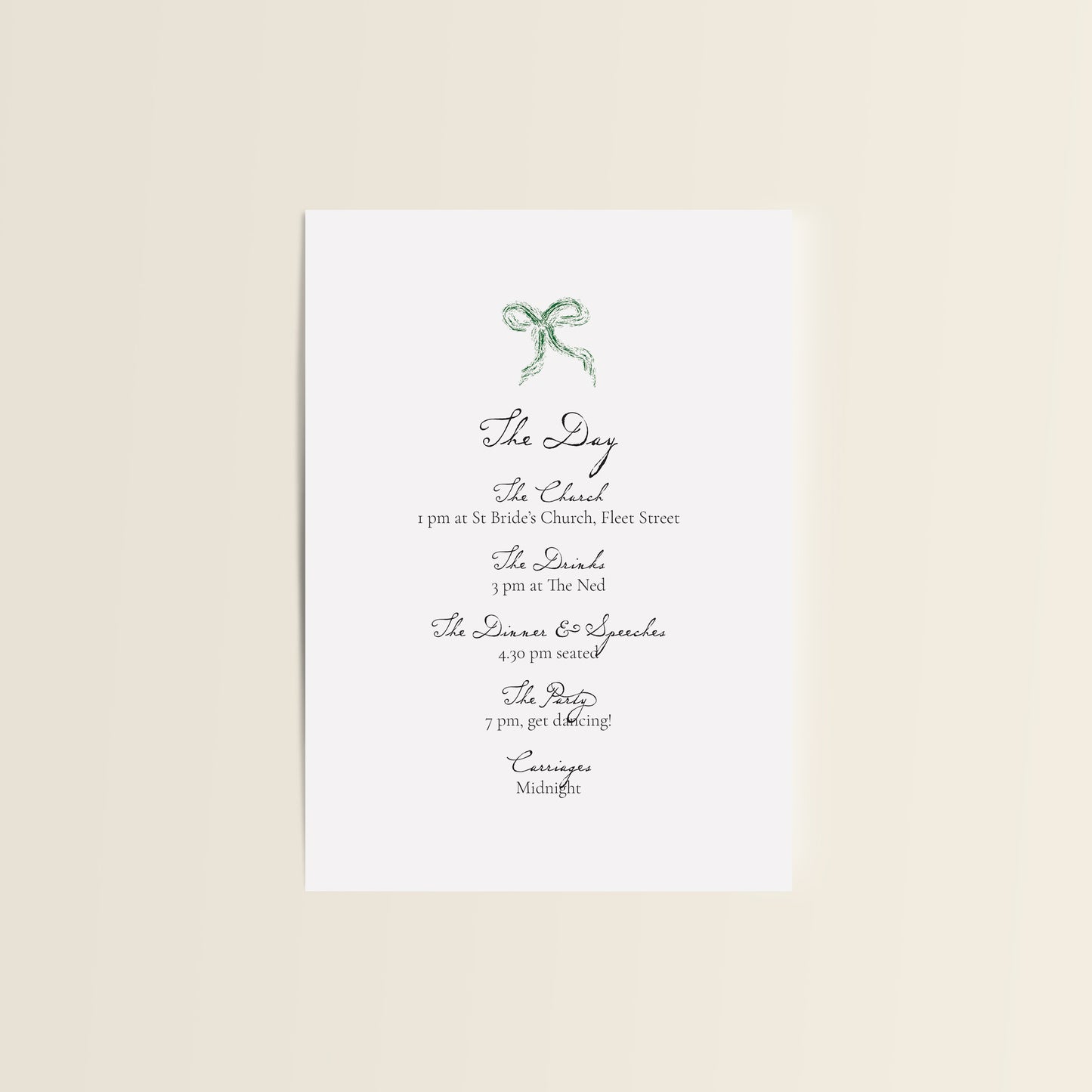 Green Bow Details & Order of the Day Card